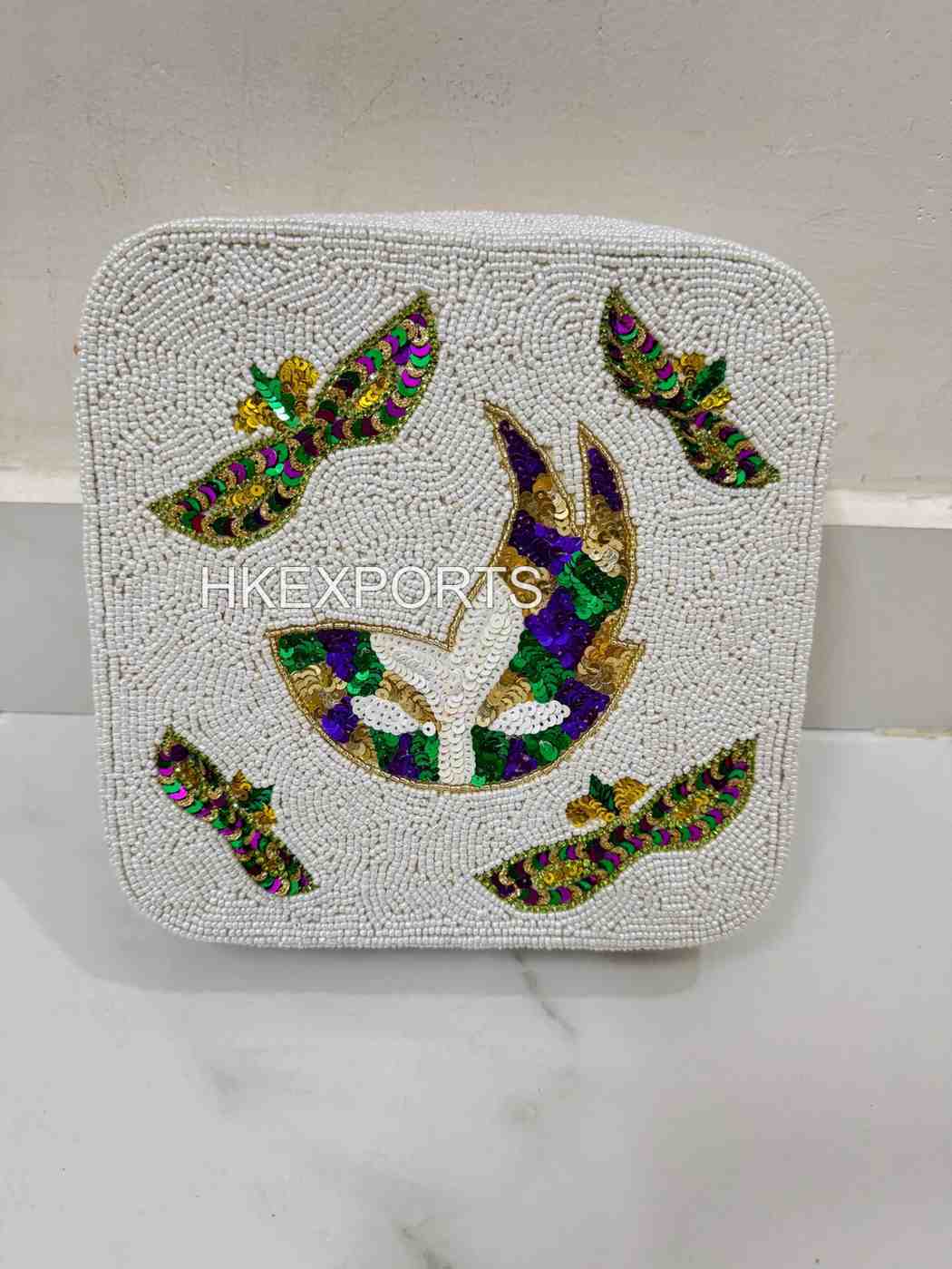 Handmade Mardi Gras Beaded Box Bag Festive Purple, Green & Gold Statement Purse