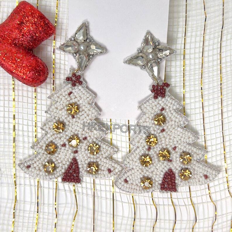 White & Magnetic Christmas Tree Beaded Earrings