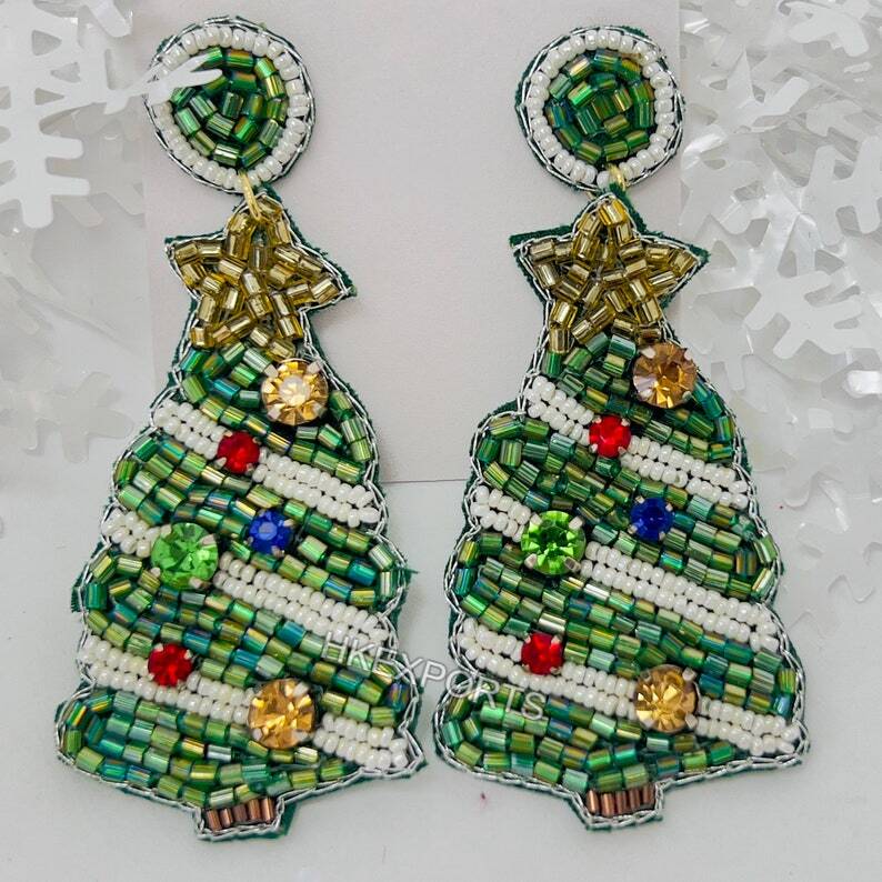 Festive Tree Handmade Beaded Earrings Green Holiday Jewelry