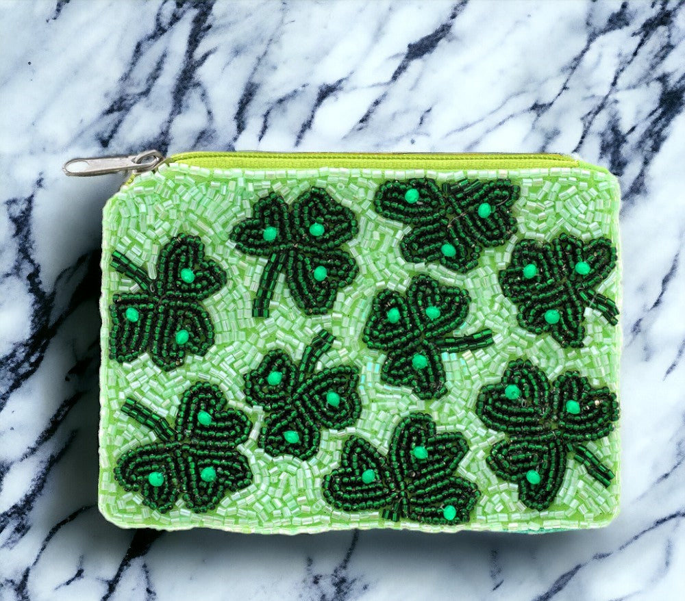 Handcrafted Lucky Clover Shamrock Green Beaded Coin Purse for St. Patrick's Day | Unique Irish-inspired Accessory