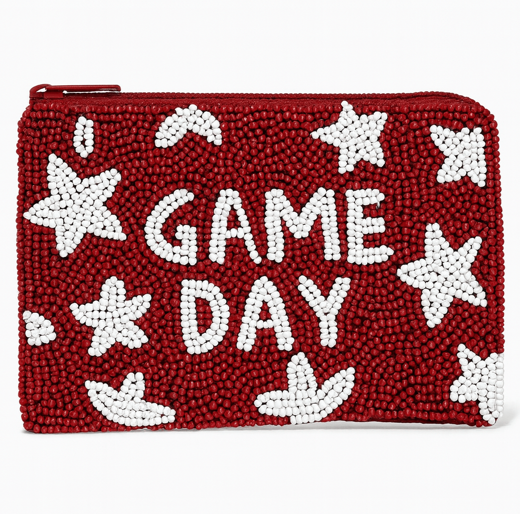 Red Beaded Pouch with White Stars and Game Day Text