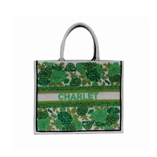 Handcrafted Personalized Green Floral Beaded Tote Bag