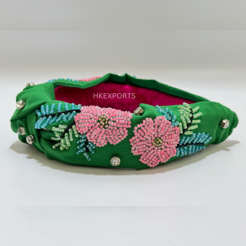 Enchanting Meadow Bloom Beaded Headband in Green and Pink