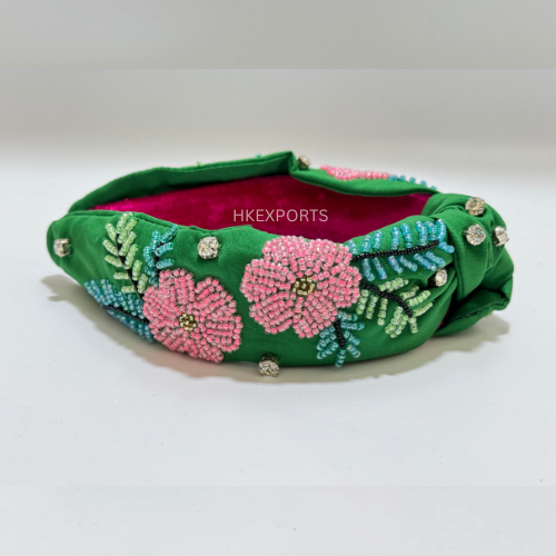 Enchanting Meadow Bloom Beaded Headband in Green and Pink