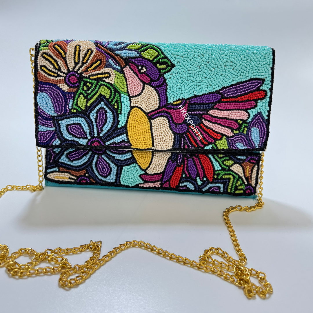 Whimsical Charm HandBeaded Hummingbird Paradise Clutch