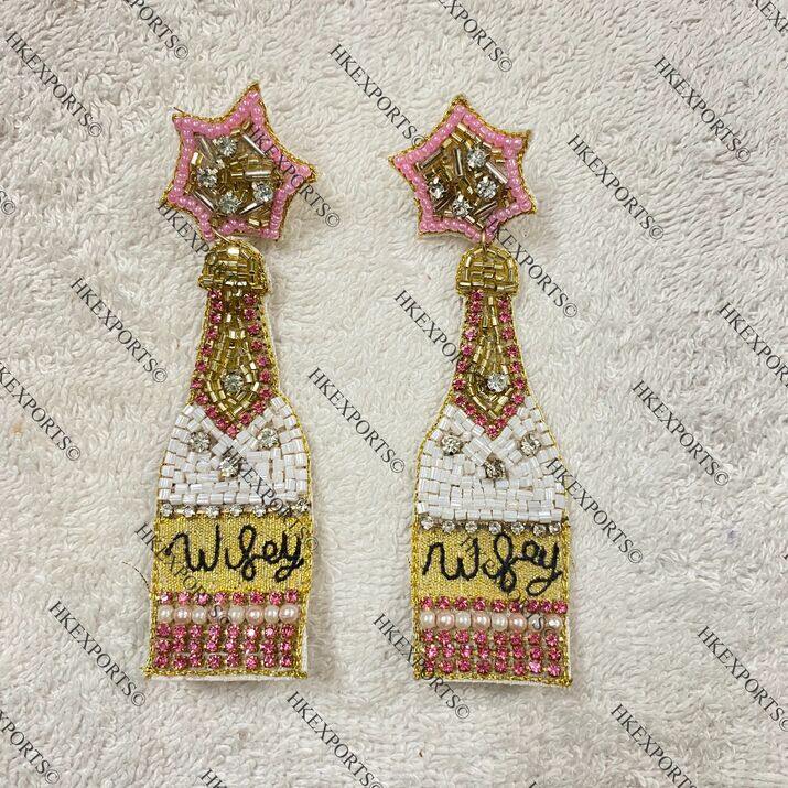 Champagne Wifey Pink, White & Gold Beaded Earrings