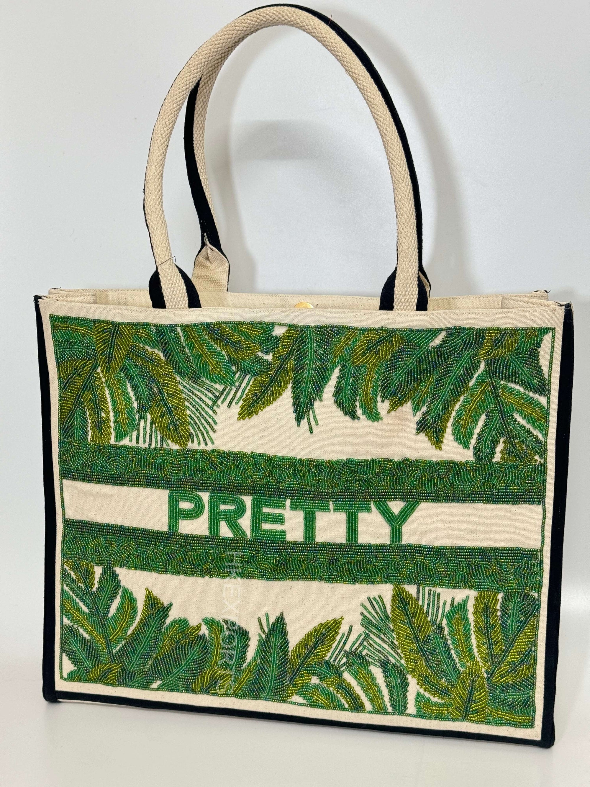 PRETTY Leafy Luxe: Handmade Beaded Tote Bag for Effortless Elegance