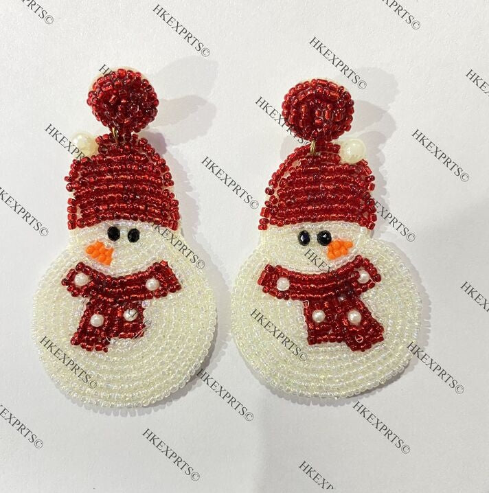 White and Red Snowman Christmas Beaded Earrings