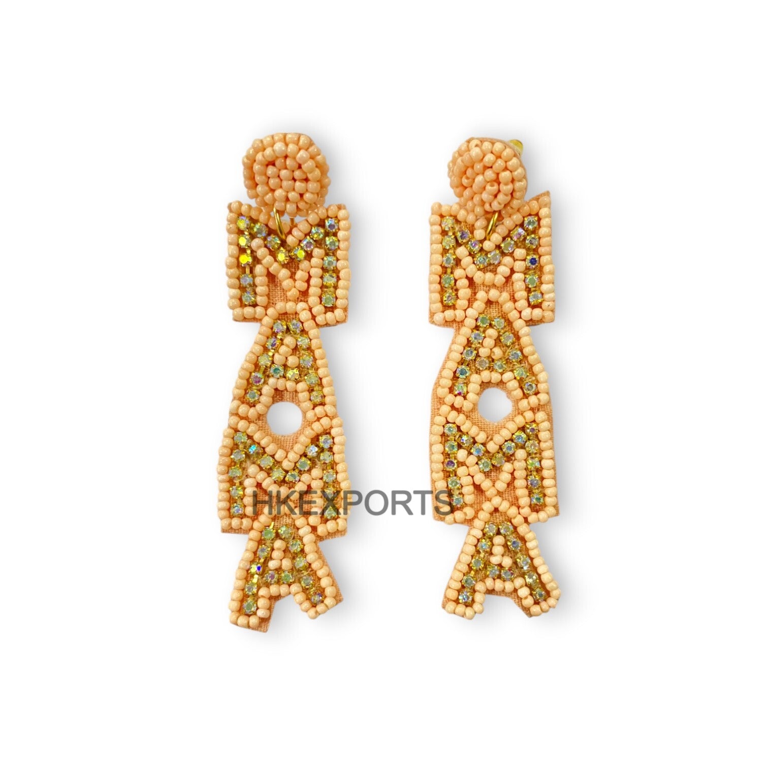 Handmade Peach and White Beaded MAMA Statement Earrings
