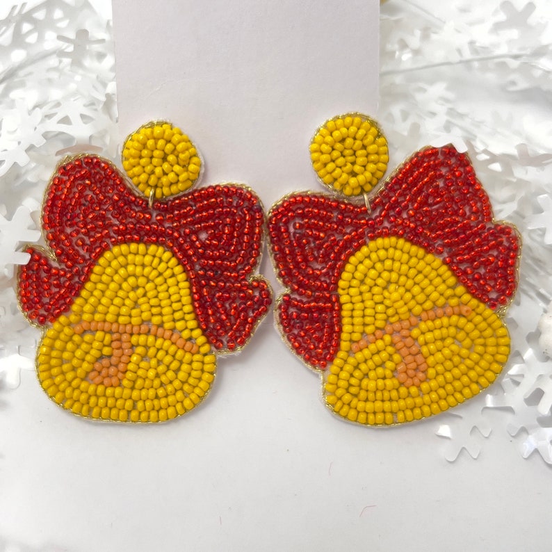 Red & Gold Bow Bell Charm Beaded Christmas Earrings