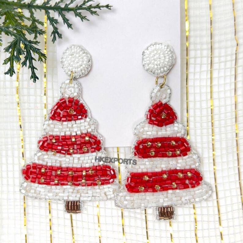 Red and White Christmas Tree Beaded Earrings