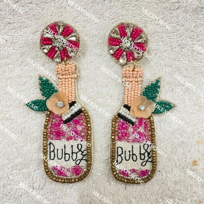 Handmade Beaded Champagne Cheers Bottle Earrings