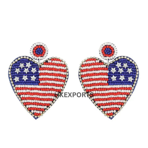 American Flag Heart Beaded Earrings Patriotic Jewelry for Women & Girls
