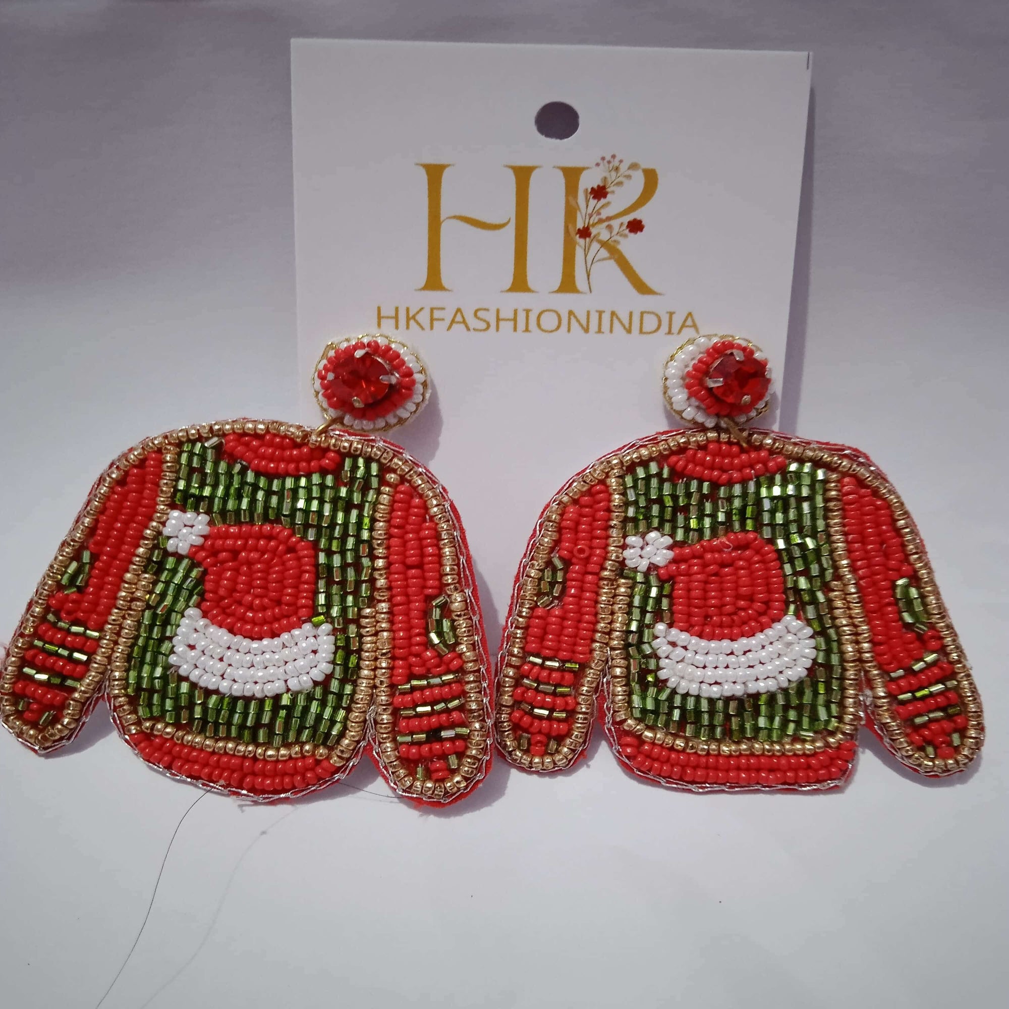 Handmade Ugly Sweater Red & White Beaded Earrings