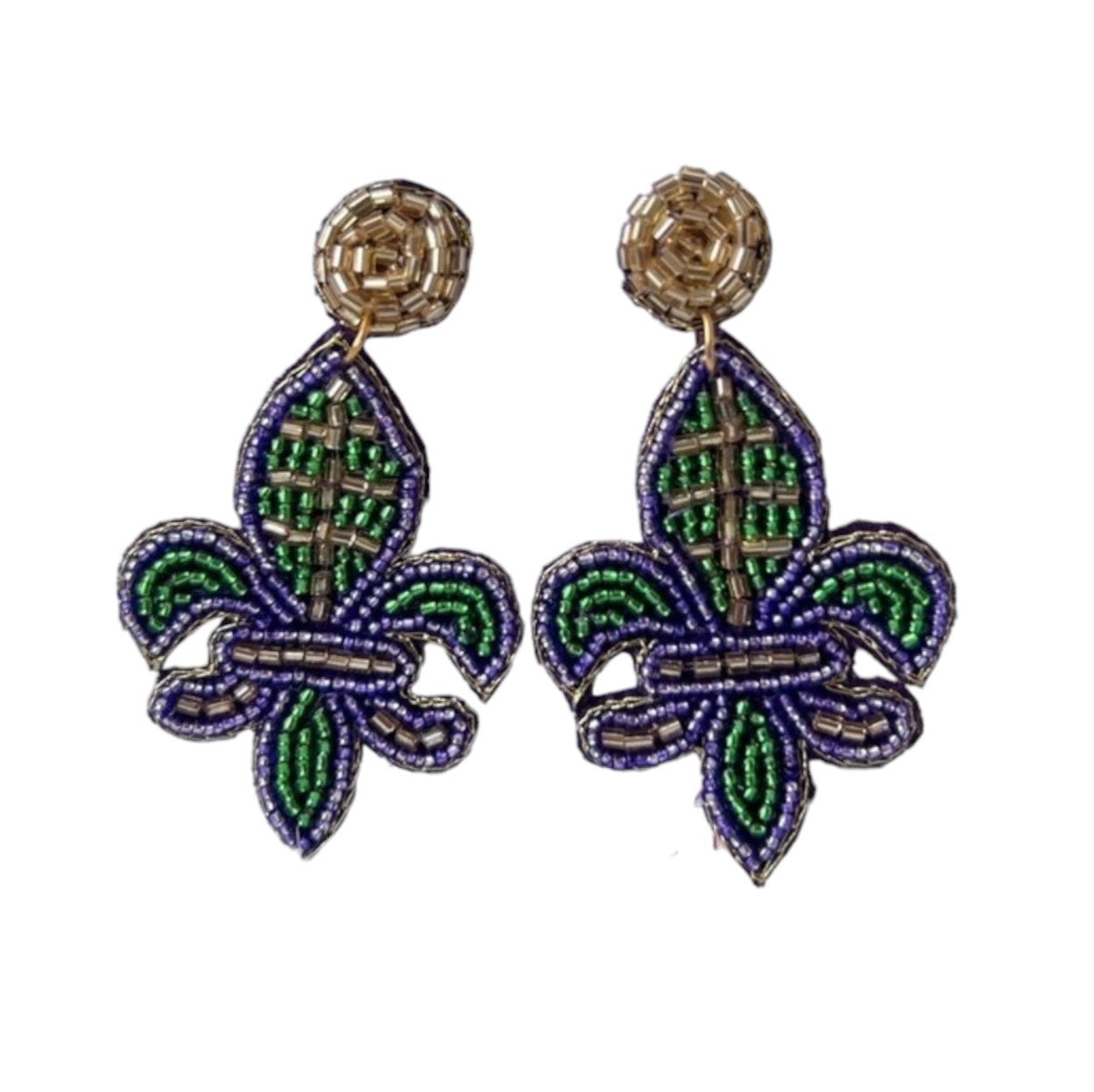 Mardi Gras Beaded Fleur de Lis Earrings