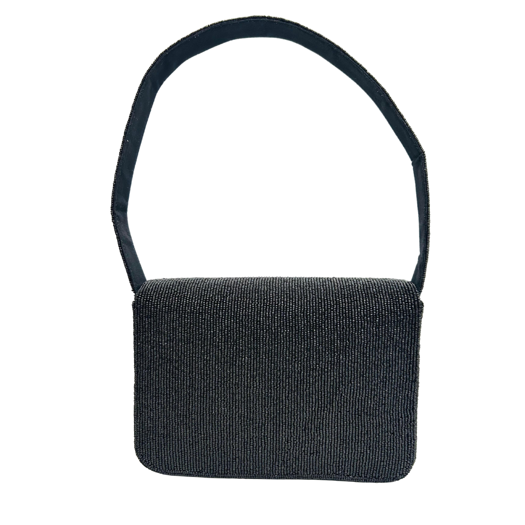 Black Beaded Ghost Handbag Elegant Halloween-Inspired Evening Flap Bag