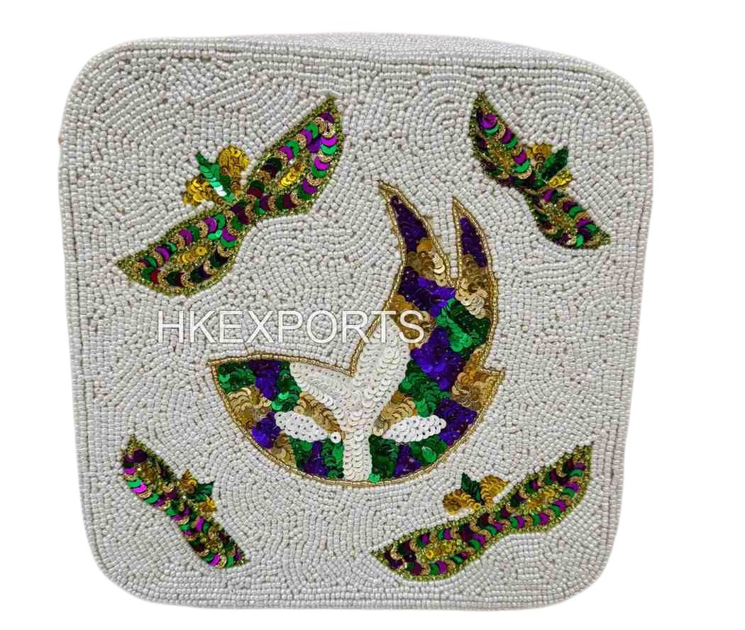 Handmade Mardi Gras Beaded Box Bag Festive Purple, Green & Gold Statement Purse