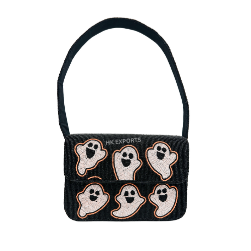 Black Beaded Ghost Handbag Elegant Halloween-Inspired Evening Flap Bag