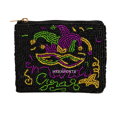 Handmade Mardi Gras Beaded Coin Purse Multicolor Festive Accessory with Mask Design