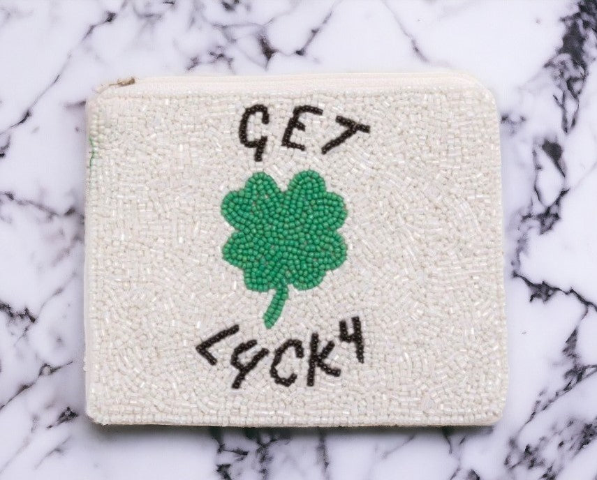 St. Patrick's Day Get Lucky Green and White Beaded Coin Purse