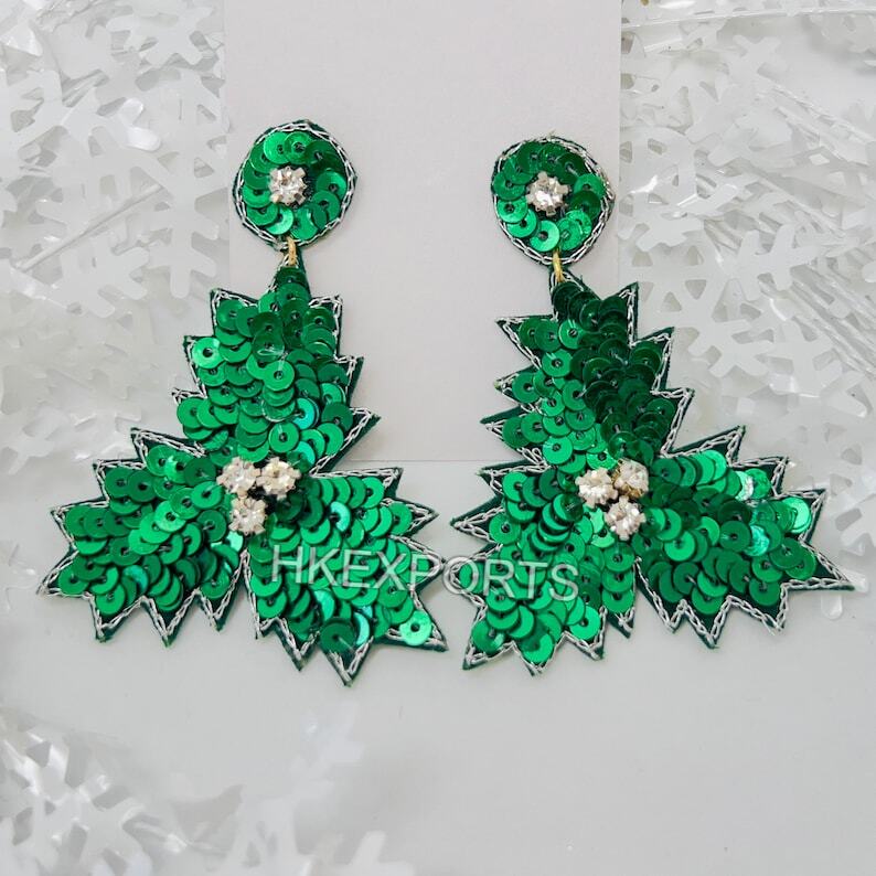 Handmade Tree Sequin Beaded Earrings