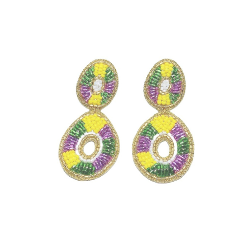 Handmade Mardi Gras 2 Tier Beaded Drop Earrings Festive Statement Jewelry