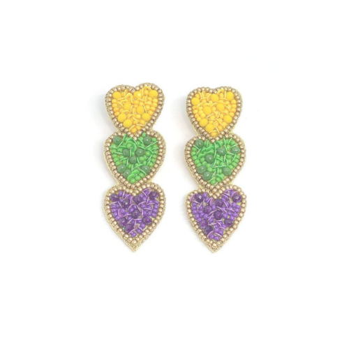 Mardi Gras 3-Tier Heart Beaded Drop Earrings Festive Statement Jewelry