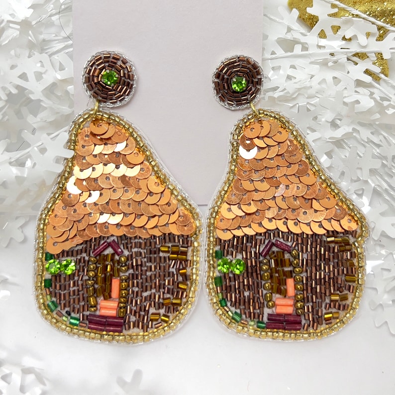Handmade Gingerbread House Sequin Christmas Earrings