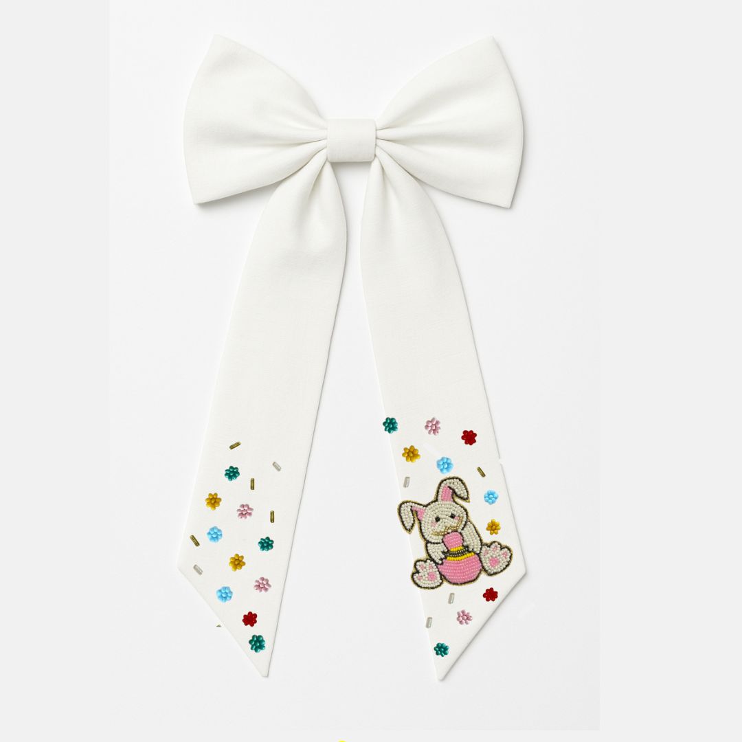 White Bow Hair Accessory with Beaded Bunny Tail