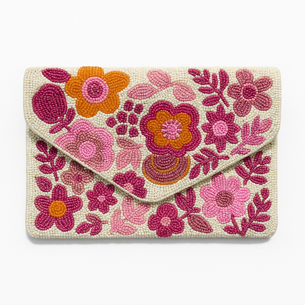 Handmade Pink Floral Beaded Clutch, Evening Bag for Women