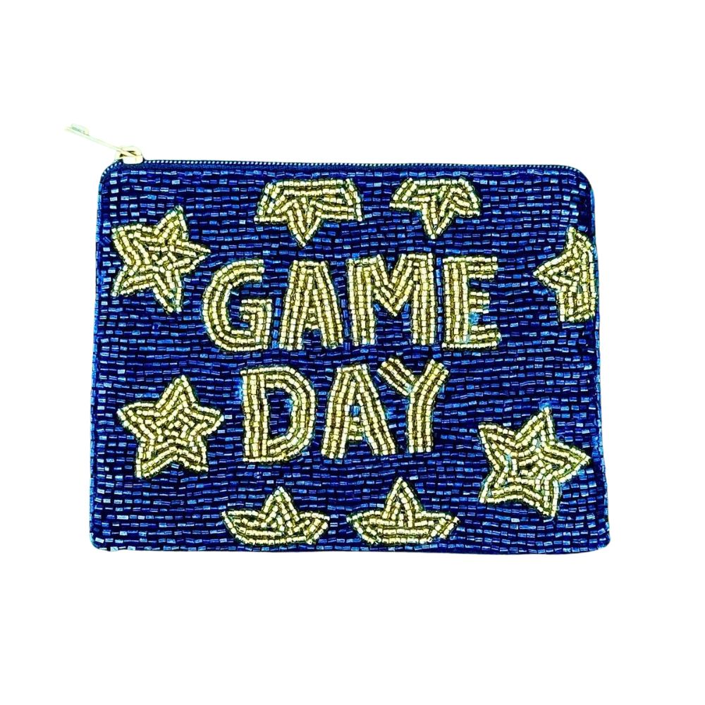 Blue and Gold Game Day Striped Beaded Coin Purse