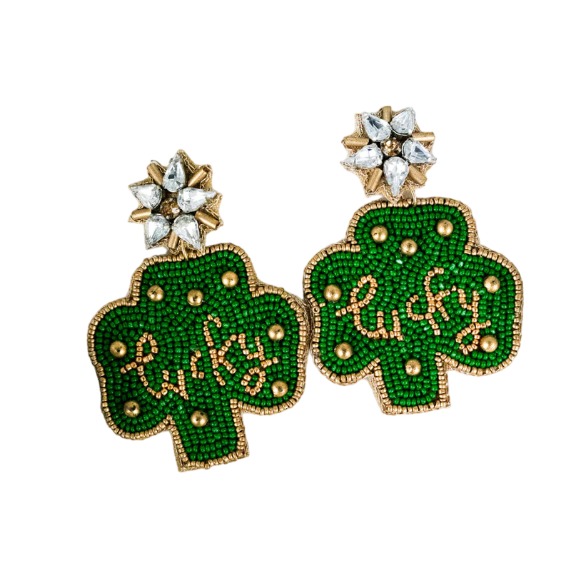 St. Patrick's Day Clover Green and Gold Beaded Earrings