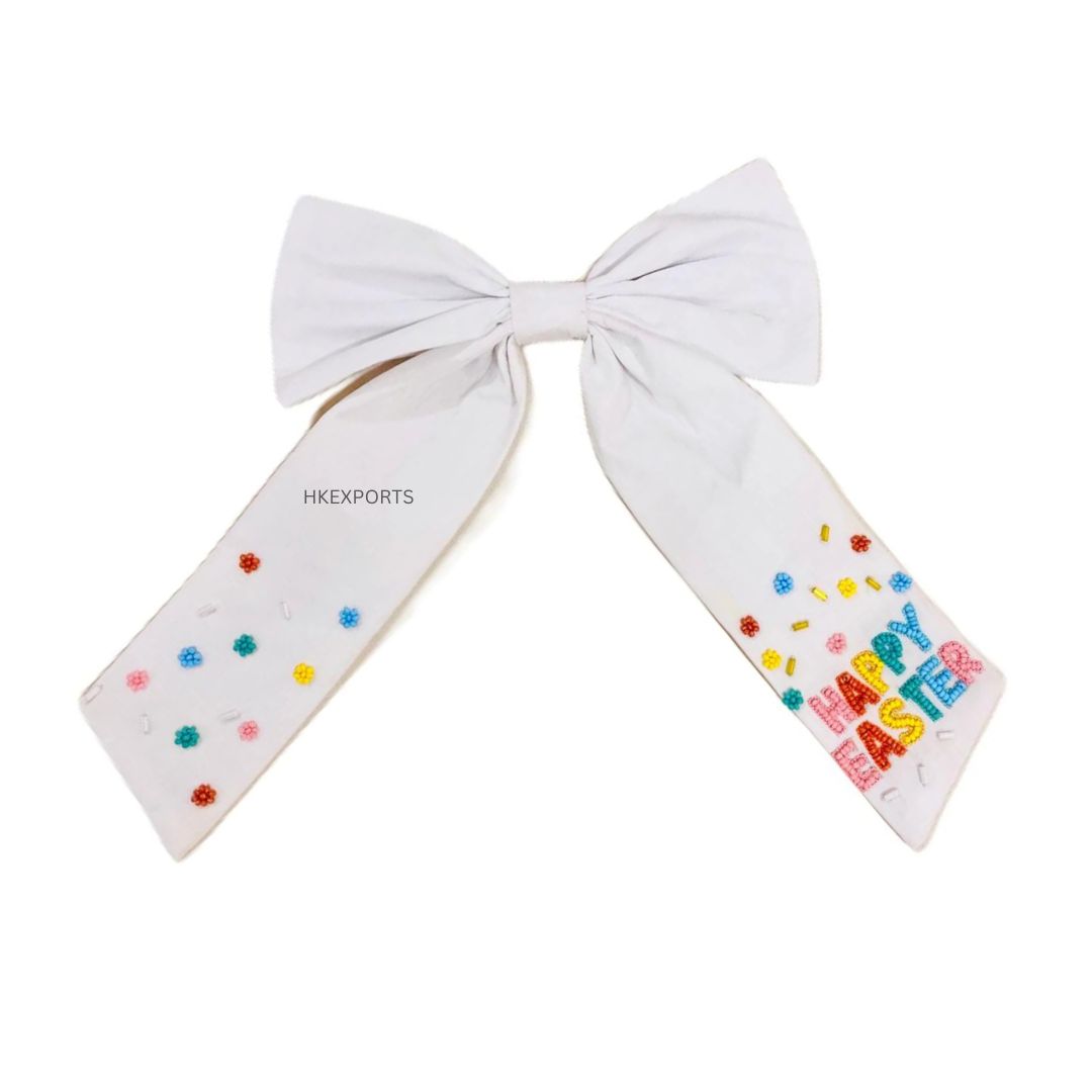 Light Pink and White Fabric Bow with Colorful "Happy Easter" Beaded Tail