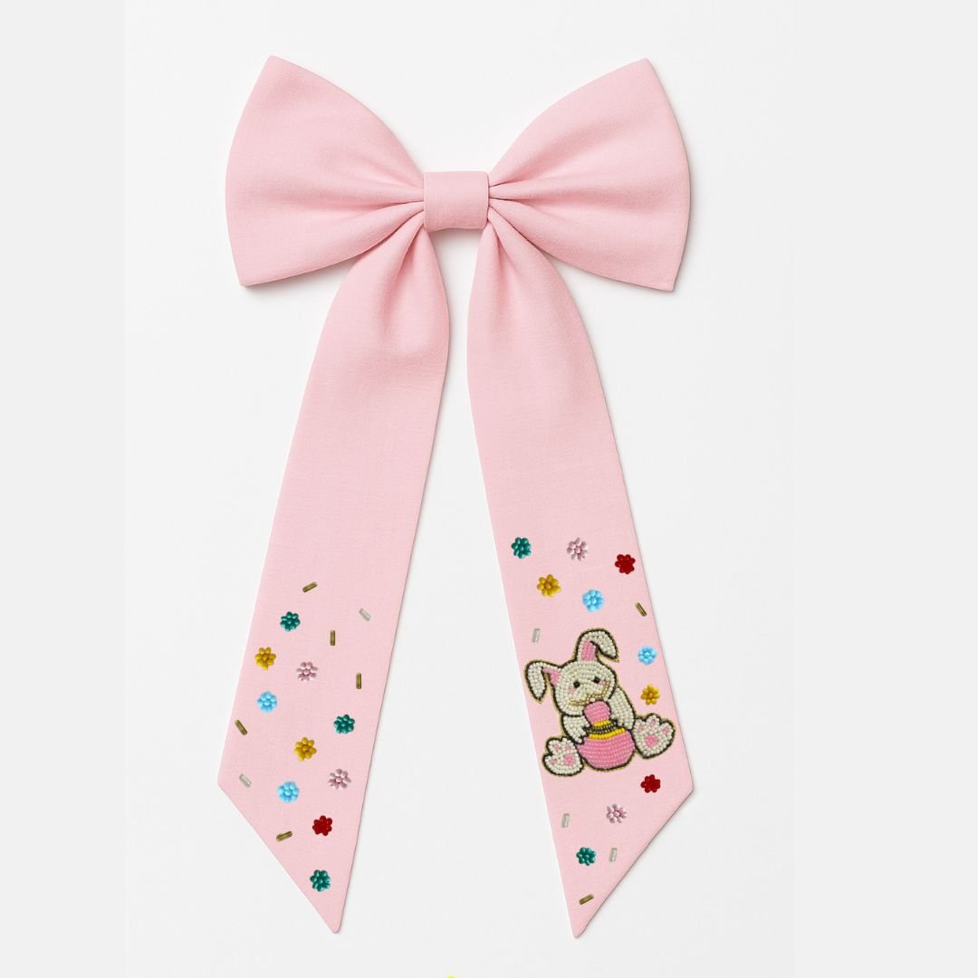 White Bow Hair Accessory with Beaded Bunny Tail