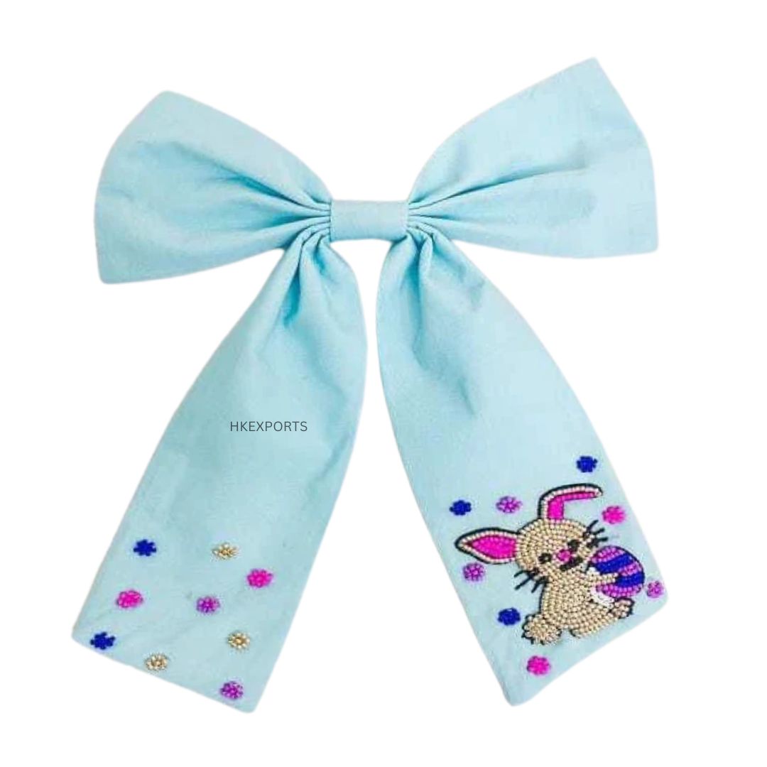 Light Blue Easter Hair Bow with Beaded Bunny & Tail