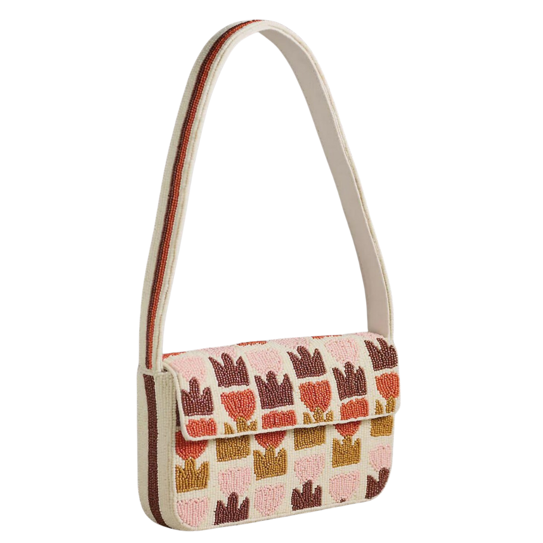 Handcrafted Beaded Shoulder Bag Boho Beaded Bag with Floral Embroidery
