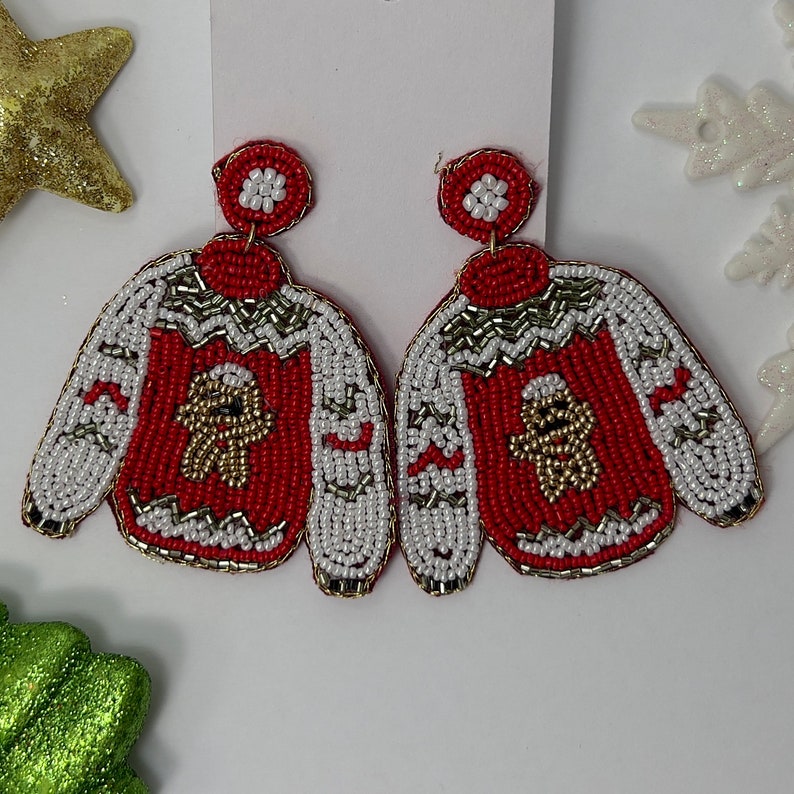 Handmade Ugly Sweater Red & White Beaded Earrings
