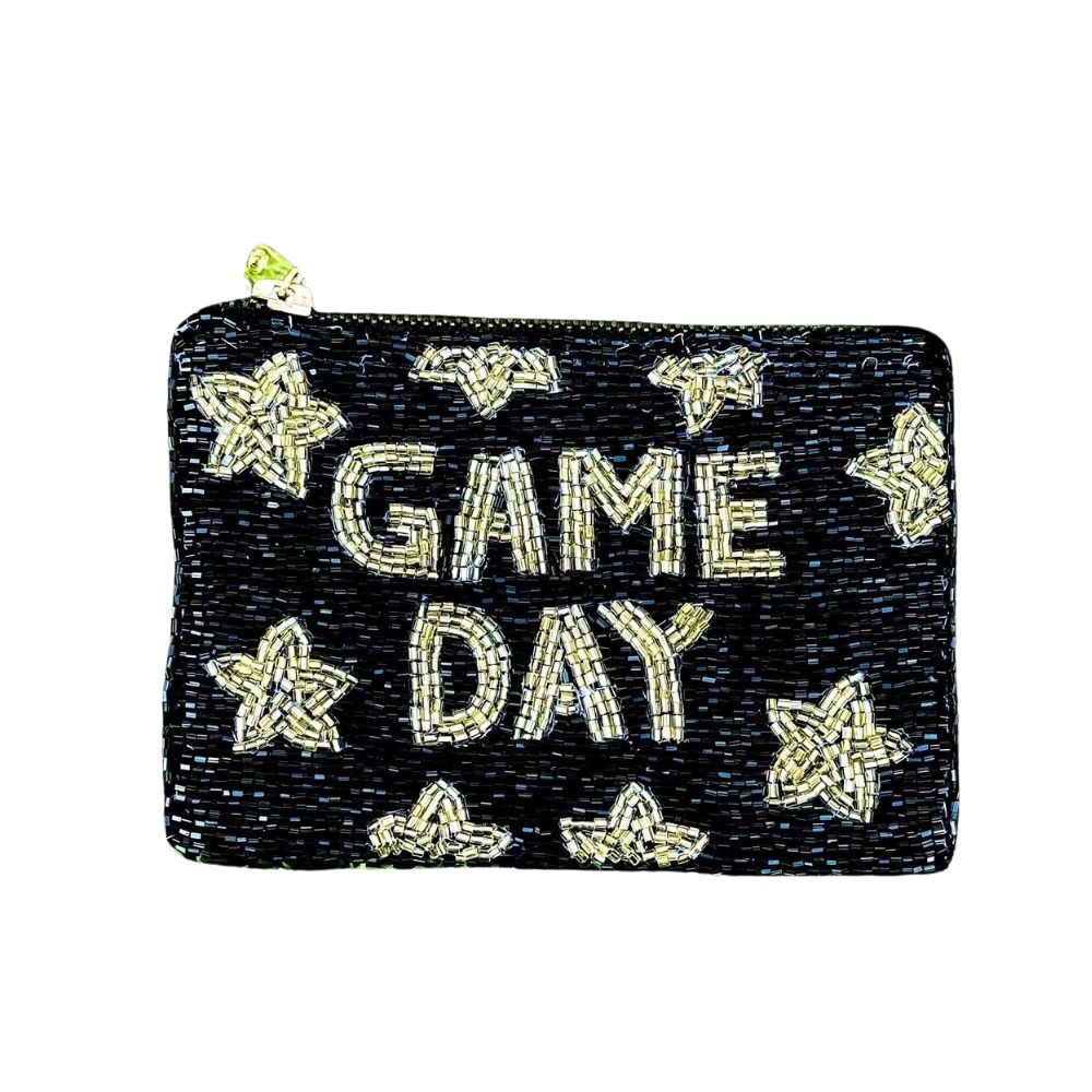 Black and Gold Game Day Striped Beaded Coin Purse
