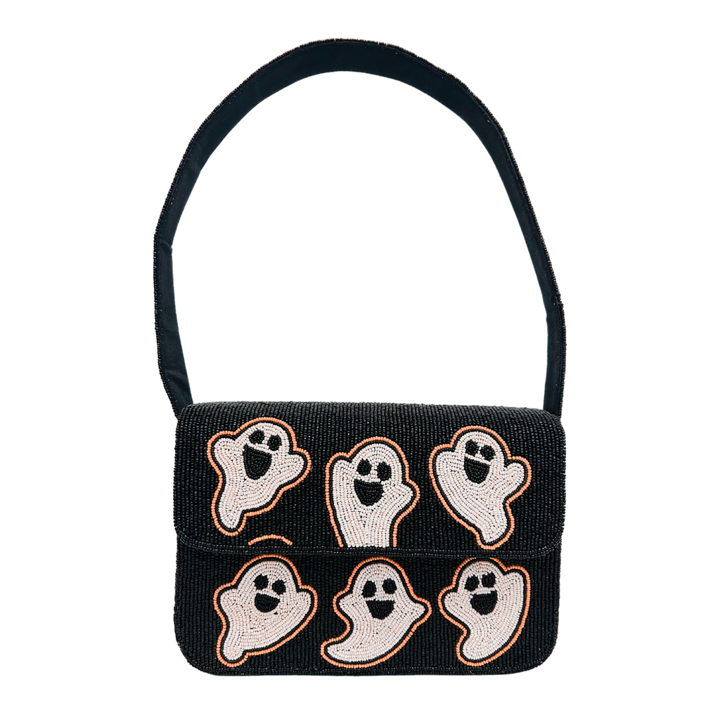 Black Beaded Ghost Handbag Elegant Halloween-Inspired Evening Flap Bag
