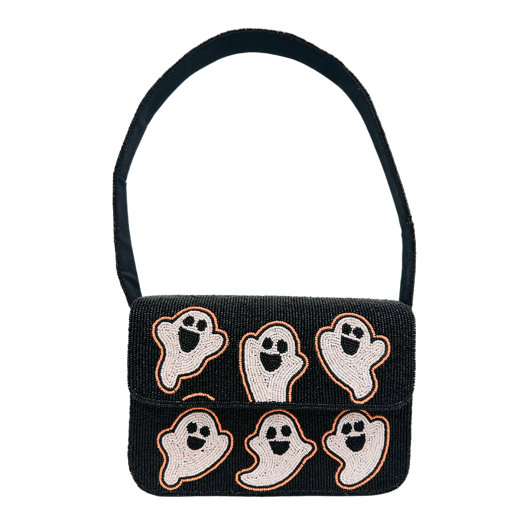 Black Beaded Ghost Handbag Elegant Halloween-Inspired Evening Flap Bag