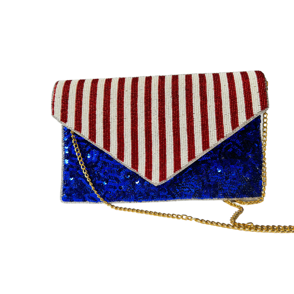Patriotic Pride USA Flag Beaded Purse - Handcrafted Red, White, and Blue Statement Bag for American Fashion Enthusiasts