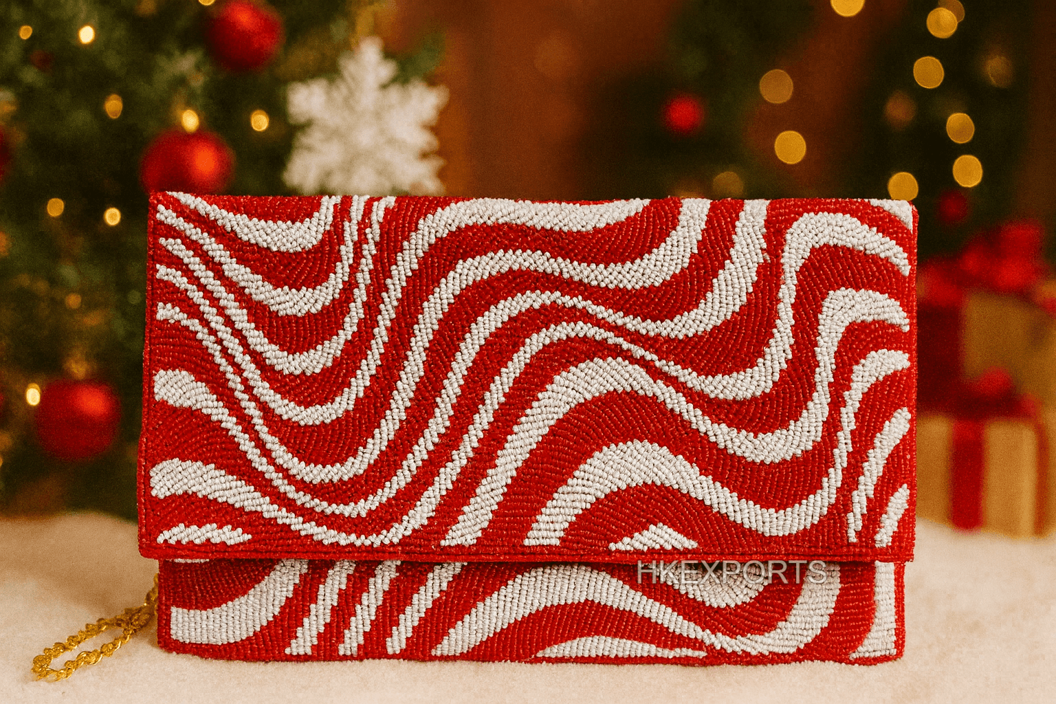 Red & White Christmas Beaded Clutch