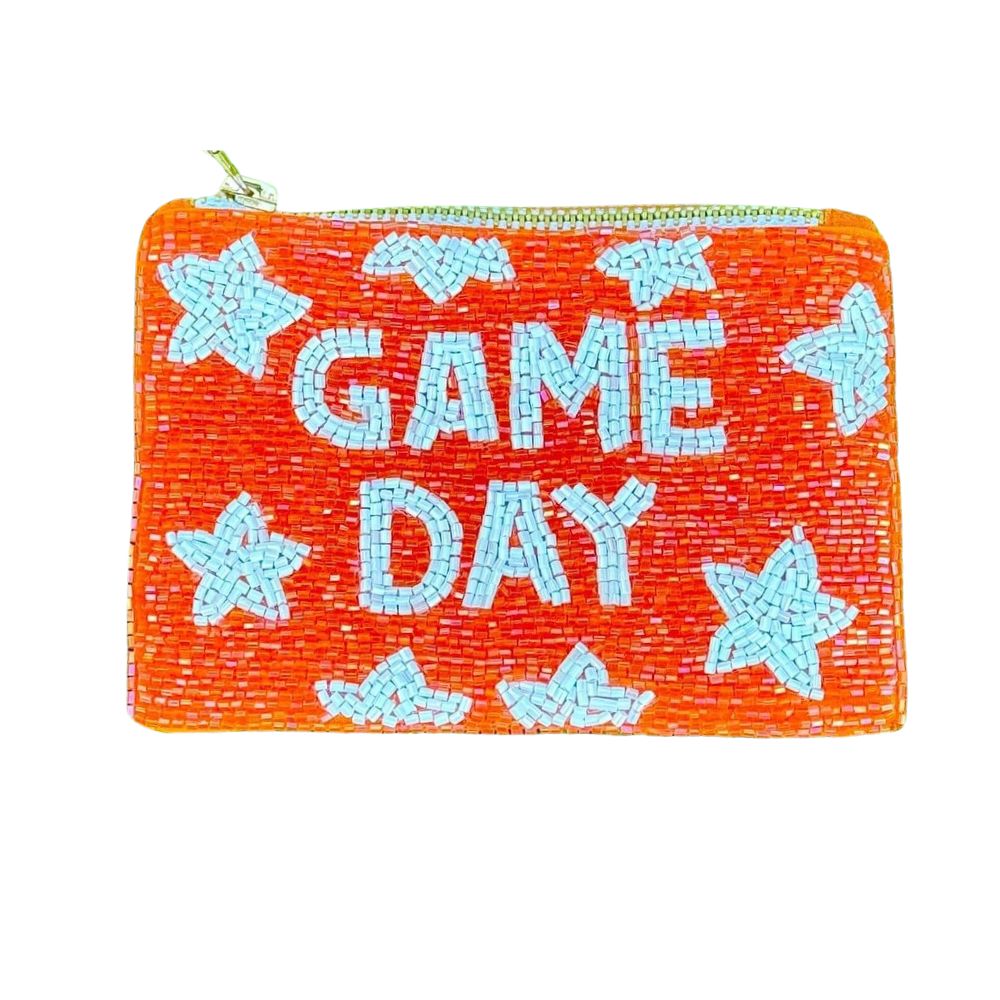 Orange and White Game Day Striped Beaded Coin Purse