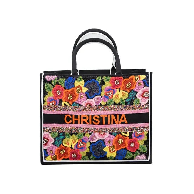Handcrafted Personalized Floral Beaded Tote Bag