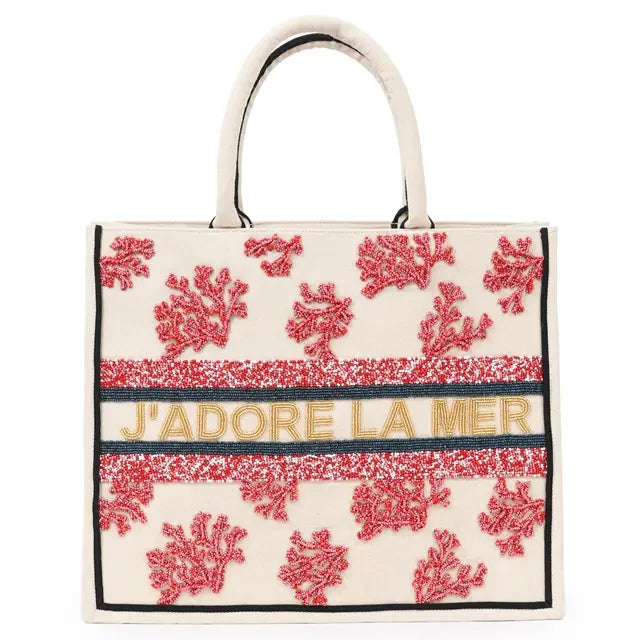 Handmade J'ADORE LA MER Beaded Tote Bag with Coral
