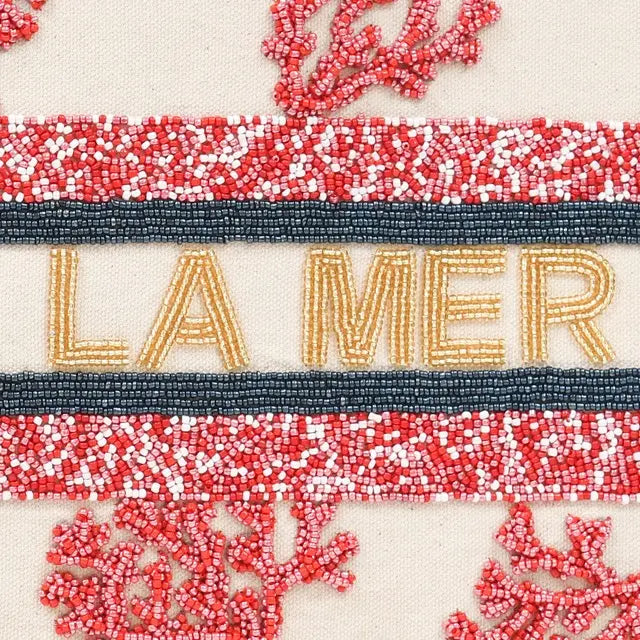 Handmade J'ADORE LA MER Beaded Tote Bag with Coral