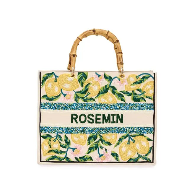 Handcrafted Lemon Print Beaded Tote Bag