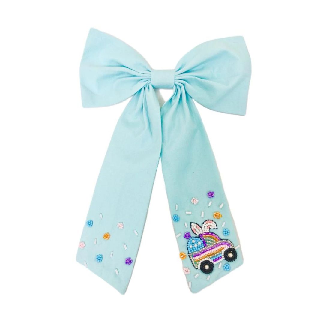 Light Blue Easter Hair Bow with Beaded Car