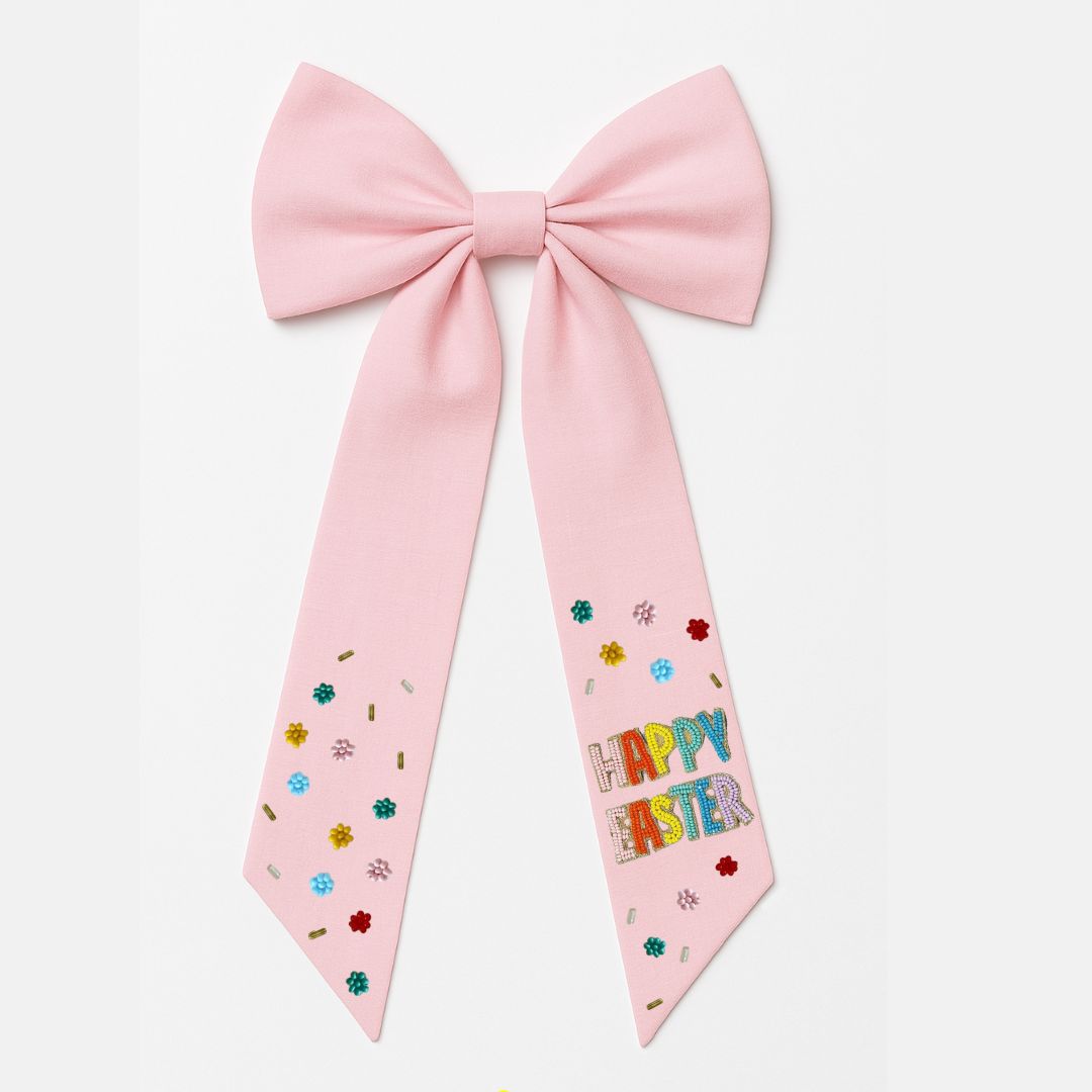 Light Pink and White Fabric Bow with Colorful "Happy Easter" Beaded Tail