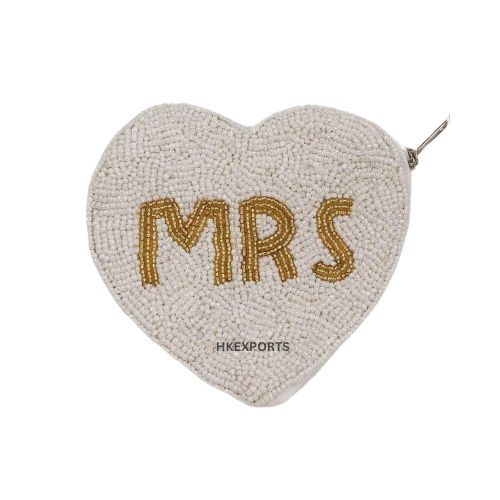 Heart-Shaped White & Gold MRS Beaded Coin Purse
